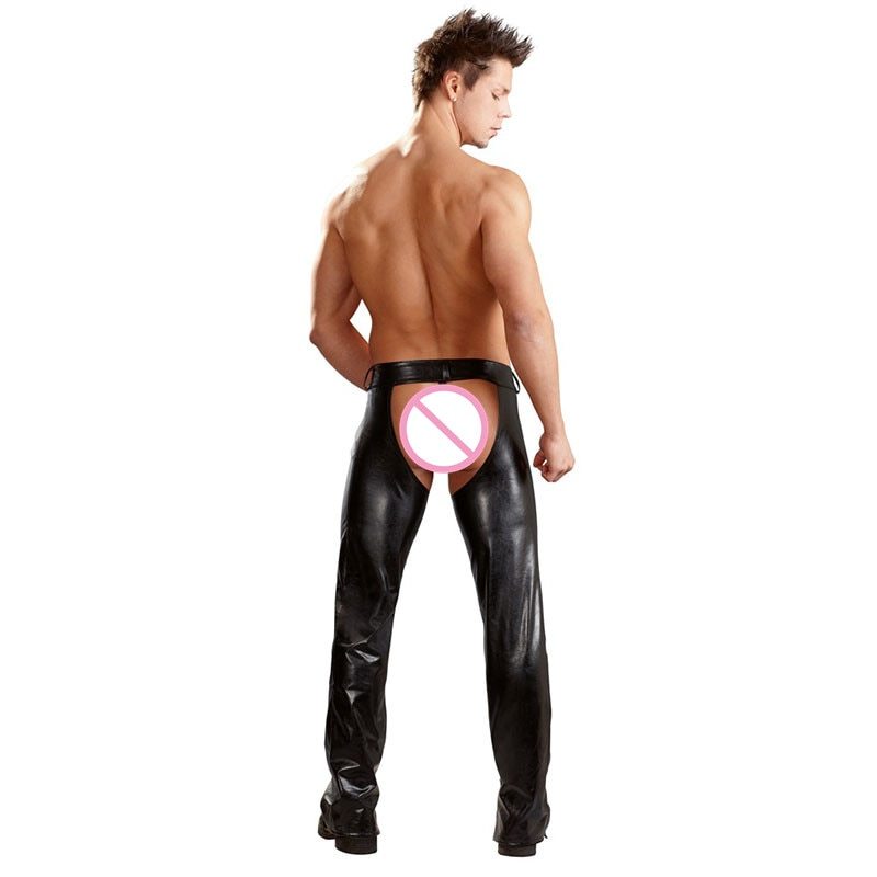 Exotic Gothic Gay Fetish Men Sexy Crotch Pole Dance Pants - Black Erotic Wetlook Patent Leather Leggings Chaps