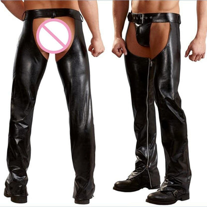 Exotic Gothic Gay Fetish Men Sexy Crotch Pole Dance Pants - Black Erotic Wetlook Patent Leather Leggings Chaps