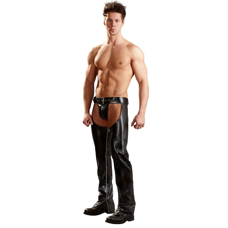 Exotic Gothic Gay Fetish Men Sexy Crotch Pole Dance Pants - Black Erotic Wetlook Patent Leather Leggings Chaps