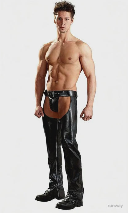 Exotic Gothic Gay Fetish Men Sexy Crotch Pole Dance Pants - Black Erotic Wetlook Patent Leather Leggings Chaps